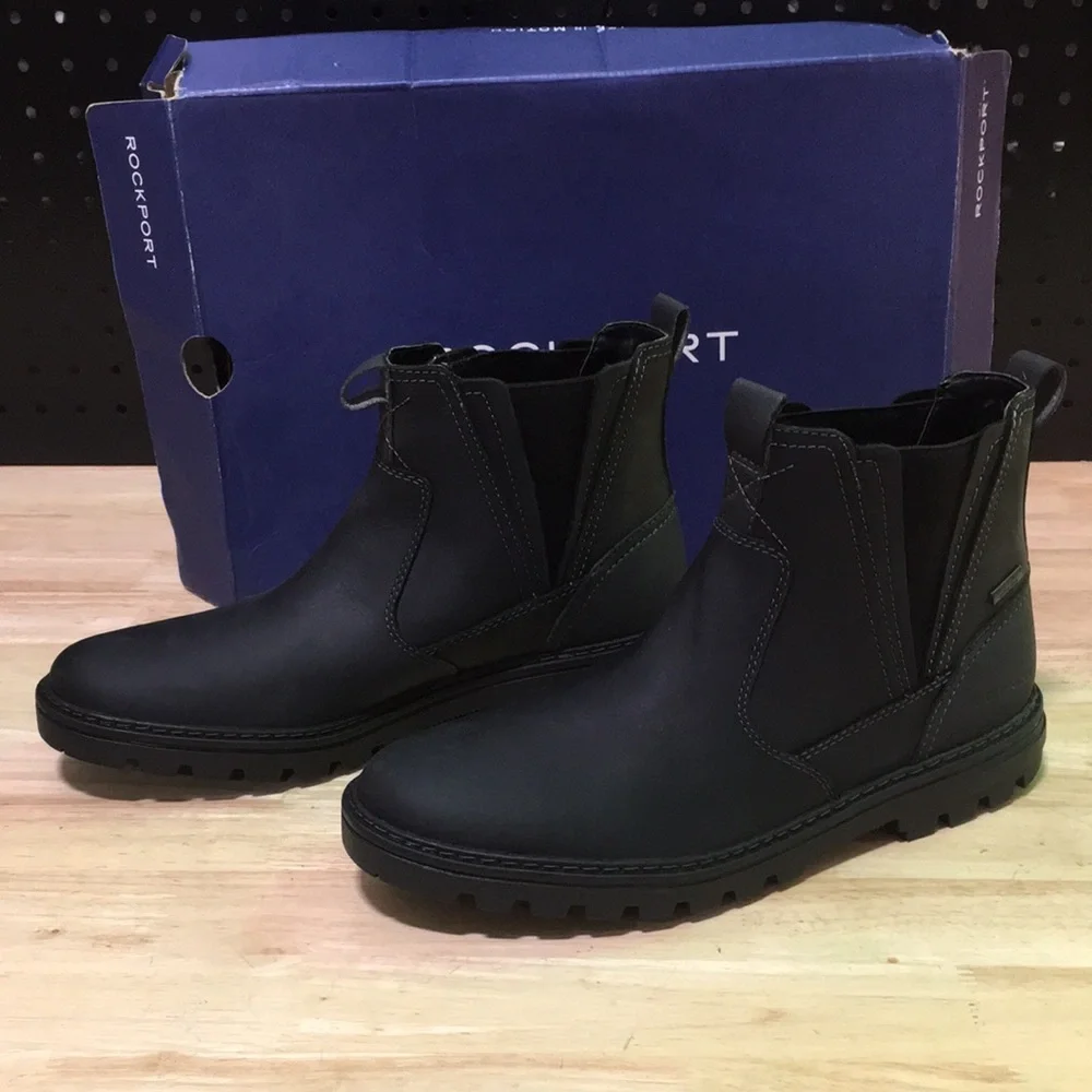 New WB Mens Rockport Black Chelsea‎ Boots - Slip-On Comfort Waterproof